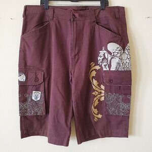 Delf Brown Y2k Embroidered Relaxed Cargo Shorts SZ 40